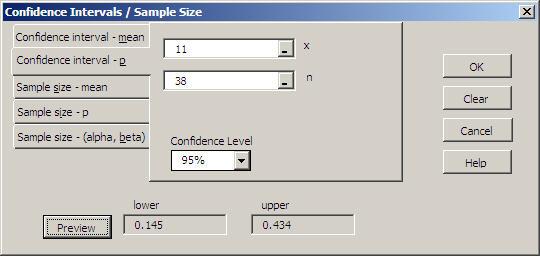 Example 3: Entering Proportions Several MegaStat dialog boxes require that you enter proportions. This particular example calculates the confidence interval if the sample proportion is 11/38.