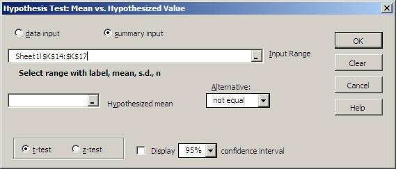 This dialog box is usually used with actual data as shown above; however, there may be situations where you already have calculated values and want to perform the hypothesis test.