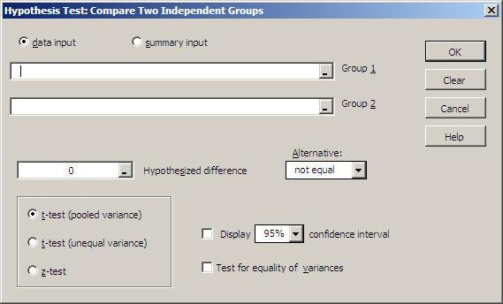 Compare Two Independent Groups All of the data selected for each group will be