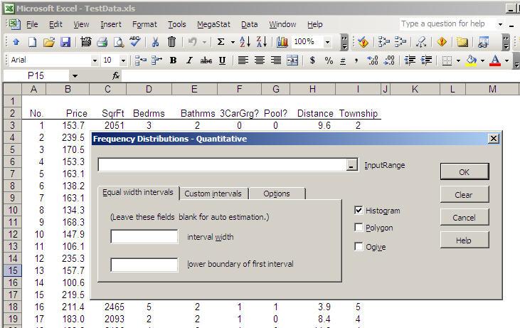 Figure 2. MegaStat dialog box Buttons Every dialog box has the four buttons shown on Figure 2. OK Clear Cancel Help Data Selection This button could also be labeled Calculate, Go, Execute or Do it.