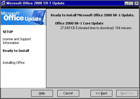8. You will be notified of the time it will take to install the Office 2000 SR-1a Update (assuming a 28.