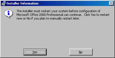 10. You will need to restart your computer to complete the installation of Office 2000. Click on the Yes button. See figure 7.
