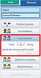 Using the Face Sharpener Function Стр. 142 из 396 стр. Effect levels can be changed using the slider below Face Sharpener.