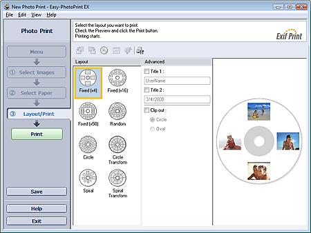 Printing on a DVD/CD Стр. 163 из 396 стр. 3. Select a layout you want to use. 4. Enter the title(s) and specify the details of the layout in Advanced.