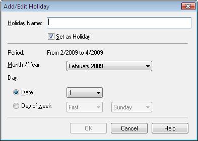 calendar. Click Set Holidays... in the Page Setup screen of Calendar, or click (Setup Period/Holiday) in the Edit screen and click Set Holidays.