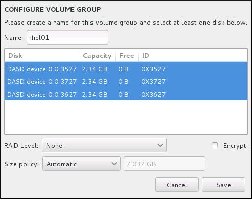 Installation Guide NOTE The configuration dialog does not allow you to specify the size of the volume group's physical extents. The size will always be set to the default value of 4 MiB.