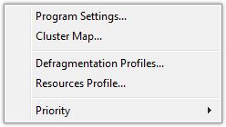 Settings Tab The Settings tab allows quick access to program settings, cluster maps, defragmentation profiles, resource usage profiles and priority settings.