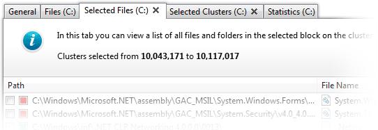If you click on a block in the cluster map, two additional tabs will appear - Selected Files and Selected Clusters, allowing you to view a list of files and clusters contained in the selected block.