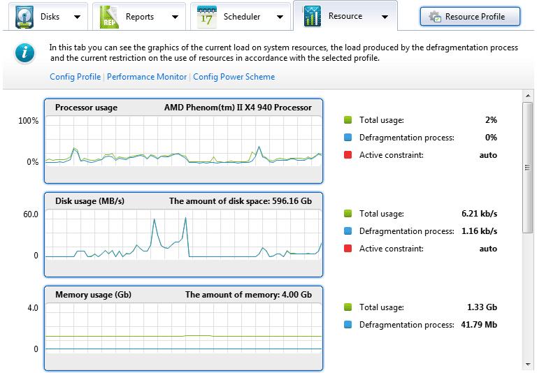 Resource Tab The Resource tab lets you view current graphs of general system resource usage and the amount of resources used by the program: 2 1 1 2 Section Resource Usage Graphics Resource Control