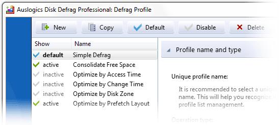Preset defragmentation profiles include: Simple Defrag (set as the default profile) Consolidate Free Space Optimize by Access Time Optimize by Change Time Optimize by Disk Zone Optimize by Prefetch