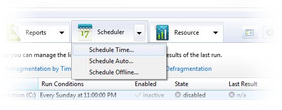 Scheduling Defragmentation by Time Defragmentation by Time, also referred to in the program as Scheduled Defragmentation, is designed to run exactly at the specified time, regardless of whether the