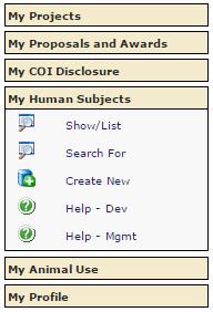My Human Subjects Logging in will take you to your individual home page within era, which defaults to My Open Action Items.