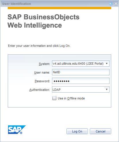 The SAP BusinessObjects Web Intelligence User Identification window is displayed: 8. Enter the following credentials in the User Identification window: a. System: Do not change.