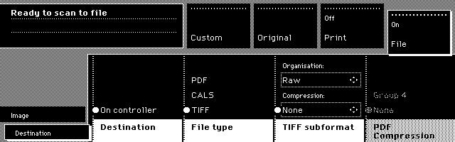 Settings for scan-to-file Operator panel view Océ TDS800 scanner The settings for scan-to-file on the