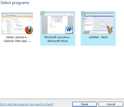 Programs To share a program with other users, the program must be opened on your desktop. To share a program, 1. Under Share, choose Programs.