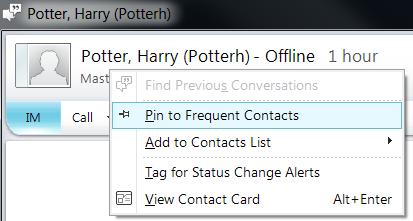 User s availability will also be displayed to you Status indicators are as follows: Unavailable Available Is not Lync enabled 6. How do I add people to my Contact List in Lync? a. Once you have found a person you want to converse with, you can right click and select Pin to Frequent Contacts.