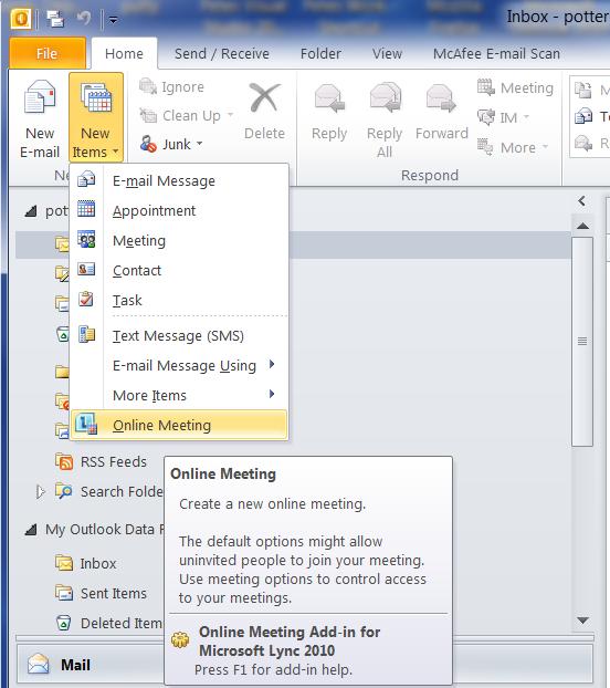 To schedule an Online Lync meeting: a. Get into Outlook 2010, click New Item and then select Online Meeting. b.