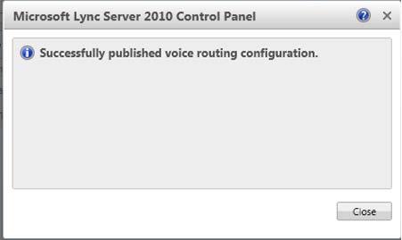 XO Communications and Microsoft Lync 14. A message is displayed, confirming a successful voice routing configuration; in the Microsoft Lync Server 2010 Control Panel prompt, click Close.