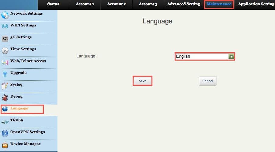 9. LANGUAGE: Select [Maintenance] on the upper portion of the page and