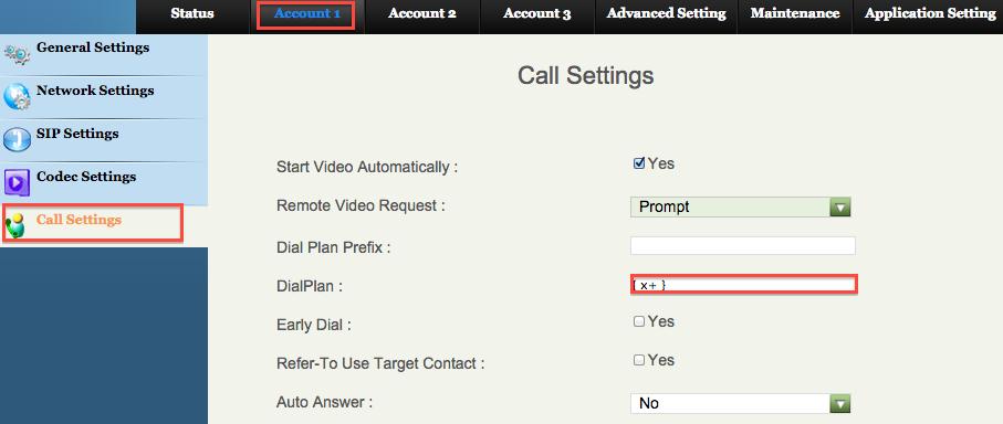 5. CALL SETTINGS: Select [Account 1] and click on [Call
