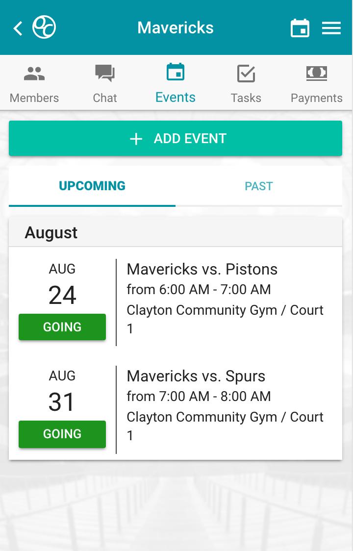 Go to the events tab to see your teams events.