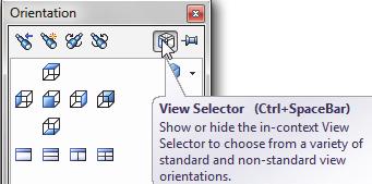 Click the View Selector icon in the Orientation dialog box to show or hide the incontext View Selector. Press Ctrl + spacebar to activate the View Selector.