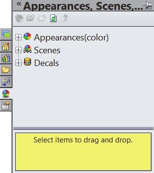 SolidWorks 2014 Tutorial Appearances, Scenes, and Decals Appearances, Scenes, and Decals provide a simplified way to display models in a photo-realistic setting using a library of Appearances,