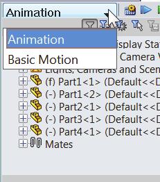 Click the Motion Study tab to view the MotionManager. Click the Model tab to return to the FeatureManager design tree.