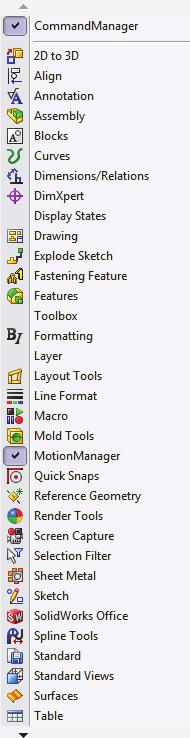 The default tabs for a Part are: Features, Sketch, Evaluate, DimXpert and Office Products. The Features icon and Features toolbar should be selected by default in Part mode.