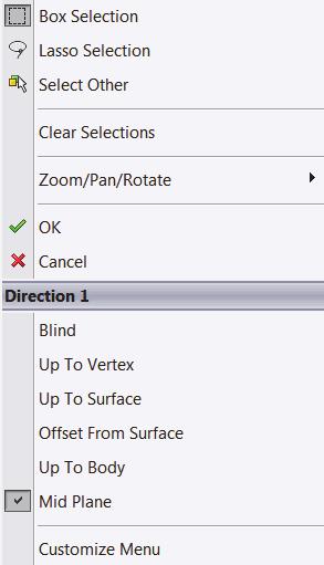Origin Right-click anywhere on an extruded feature to set or modify the end condition from the pop-up shortcut menu.