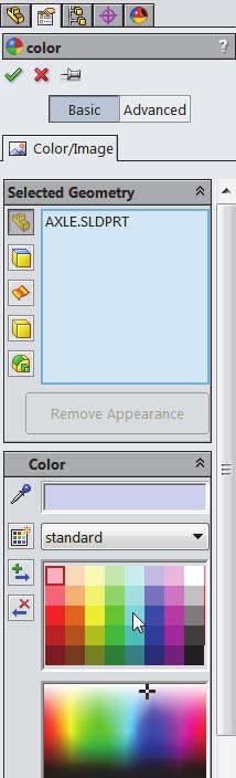 For sketches or curves only, use the Sketch/Curve Color PropertyManager to apply colors.