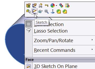 100) Click Sketch from the Context toolbar as illustrated. The Sketch toolbar is displayed. This is your Sketch plane.