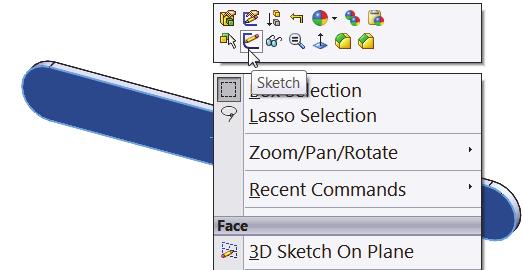 This is the Sketch plane. Boss-Extrude1 is highlighted in the FeatureManager. 166) Click Sketch from the Context toolbar as illustrated. The Sketch toolbar is displayed.