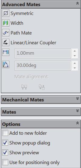 SolidWorks 2014 Tutorial Advanced Mates: The Advanced mate types are: Symmetric Mate: Positions two selected entities to be symmetric about a plane or planar face.