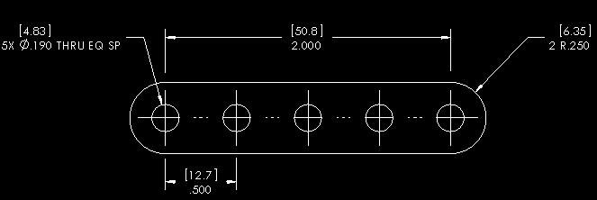 The FLATBAR - 3HOLE part is manufactured from 0.06in., [1.5mm] 6061 Alloy. Exercise 1.5: FLATBAR - 5HOLE Part Create an ANSI, IPS, FLATBAR - 5HOLE part as illustrated.