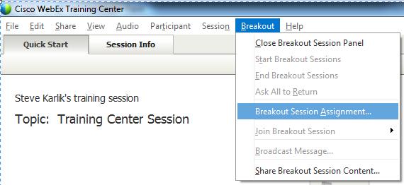 Breakout on the menu bar. Click Breakout Session Assignment from the dropdown menu.