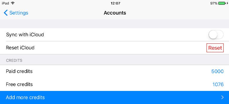 ClaroPDF Settings - Accounts Sync with icloud will sync your documents including annotations and alst read page number to your icloud account.