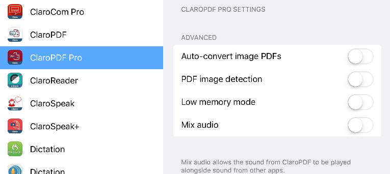 ClaroPDF Settings - External settings There are some more advanced settings in the ios settings app that can help you customise ClaroPDF further: PDF image detection can detect if your PDF is an