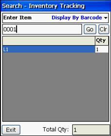 Search 1.To find out where a given item is located and how many of the item are at a given location, scan the barcode of the item or manually enter it and click Go. 2.