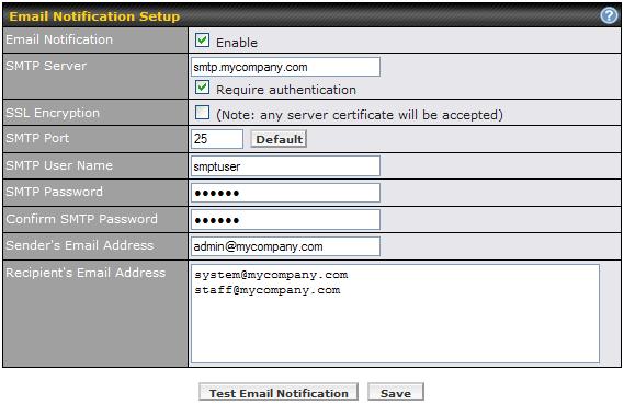 18.4 Email Notification The Email Notification functionality of Peplink Balance provides a System Administrator with up to date information on network status.