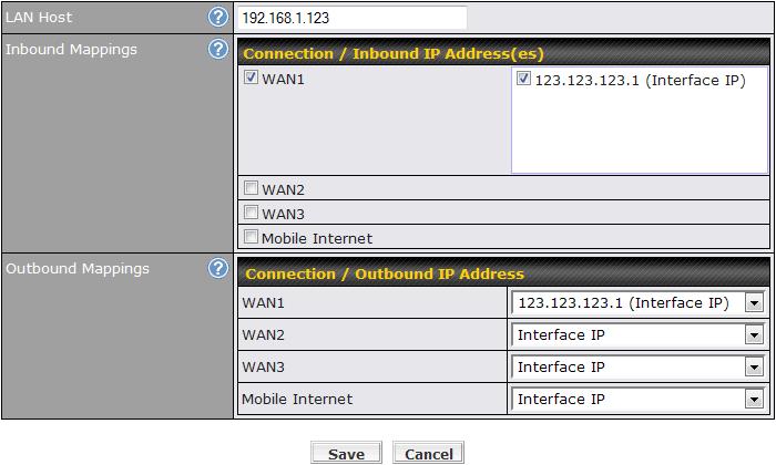 Settings LAN Host Inbound Mappings Outbound Mappings This is the IP address of the host on the LAN that the system should map the selected connection IP address correspondences.
