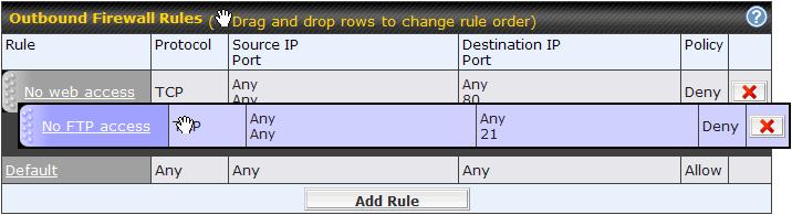 To reorder a rule s position, just drag on the rule by holding the left mouse button, move it to the desired position and drop it by releasing the mouse button. To remove a rule, click.