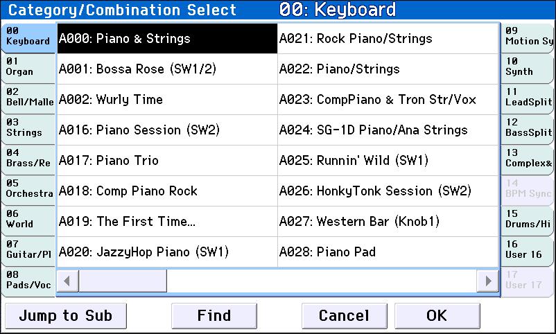 Playing combinations Using controllers to modify the sound Selecting by Category/Combination Select menu You can select Combinations arranged by category, such as keyboard, organ, bass, and drums.