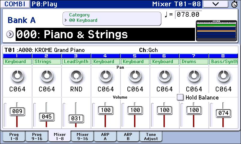 A combination has sixteen timbres; you can assign a program to each timbre and specify its volume and pan, the key range in which the program will sound, and how its sound will be routed to the
