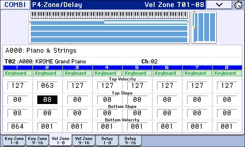 Strings 127 64 63 1 Velocity switch C 1 B3 C4 G9 1. Access the Combi P0: Play Program T01 08 page. 2. Select a piano sound for Timbre 1, a brass sound for Timbre 2, and a strings sound for Timbre 3.