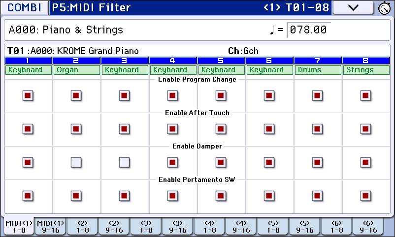 Playing and editing Combinations MIDI settings Timbre Parameters MIDI page Status This controls the status of MIDI and the internal tone generator for each Timbre.