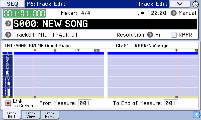 Creating songs (Sequencer mode) 3. Set From Measure to 001. With this setting, step recording will begin from measure 1. 4. Press the menu button, and press menu command Step Recording.