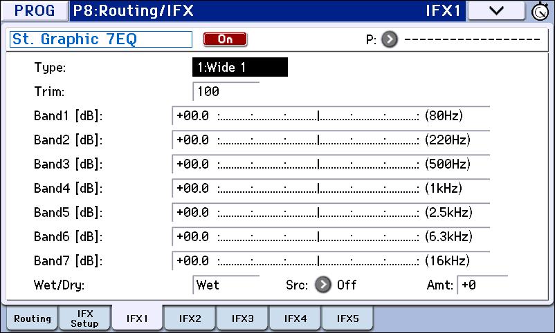 Using Effects 10. Access the P8: Routing/IFX Insert FX Setup page, and edit the parameters of the insert effect you selected. Press the IFX 1 5 tabs and edit the parameters.