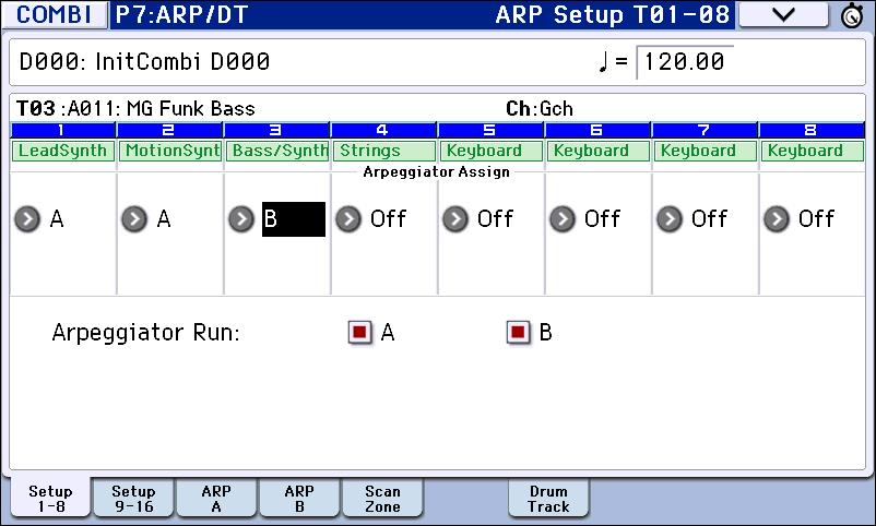 Arpeggiator function 90 Arpeggiator settings 1. Select Combi P0: Play Program T01 08 page. Select programs for the timbres that you wish to use.