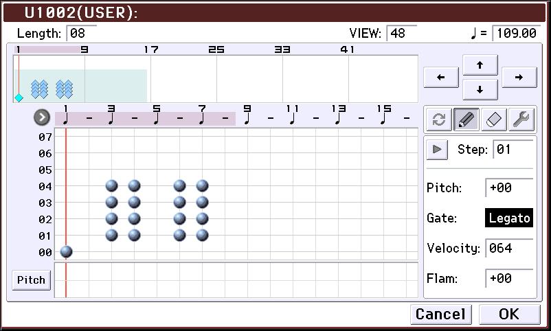 Arpeggiator function Then return to the Global P6: Arpeggio Pattern Setup page. For odd numbered steps, set Flam to a positive (+) value. For even numbered steps, set Flam to a negative ( ) value.